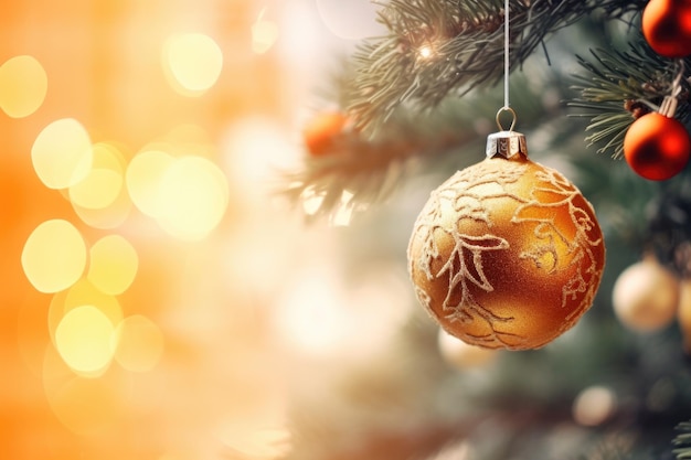 Closeup d'un sapin décoré d'arbre de Noël avec des bijoux colorés et un bokeh de vacances brillant