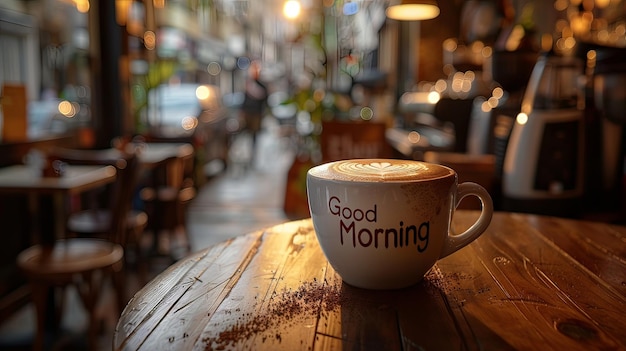 CloseUp d'une tasse de café avec Good Morning Foam Art dans un café