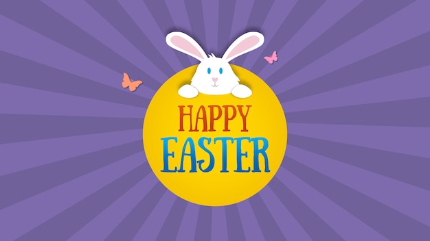 Closeup texte de Joyeuses Pâques et lapin sur fond violet. Modèle de style dynamique de luxe et élégant pour les vacances