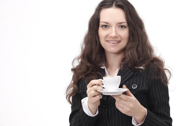 Closeupsuccessful femme d'affaires avec une tasse de café