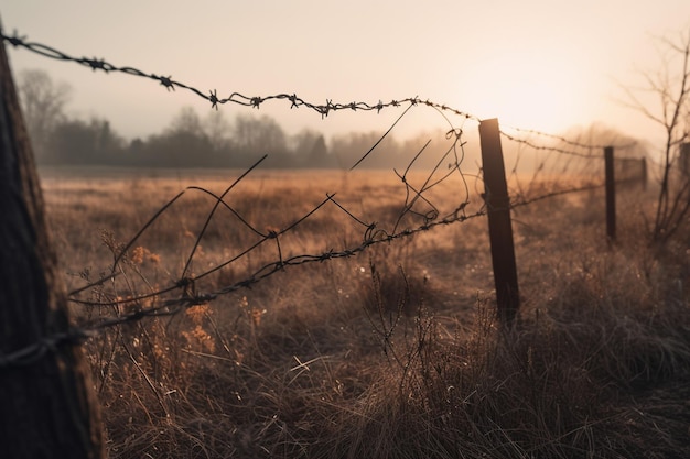 Une clôture de barbelés dans un champ avec le coucher de soleil derrière elle.