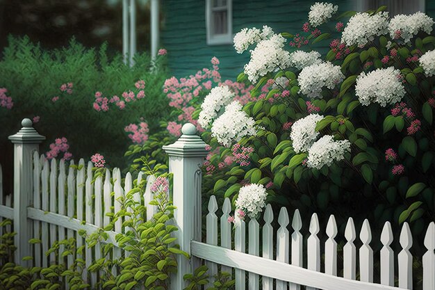 Clôture blanche avec gr vert précis et arbustes à fleurs