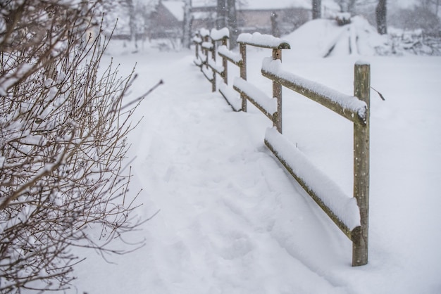 Clôture en bois dans la neige sur fond de pays d'hiver.