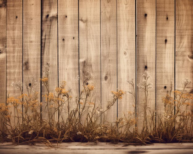 Une clôture en bois avec des fleurs jaunes et une clôture en bois en arrière-plan.