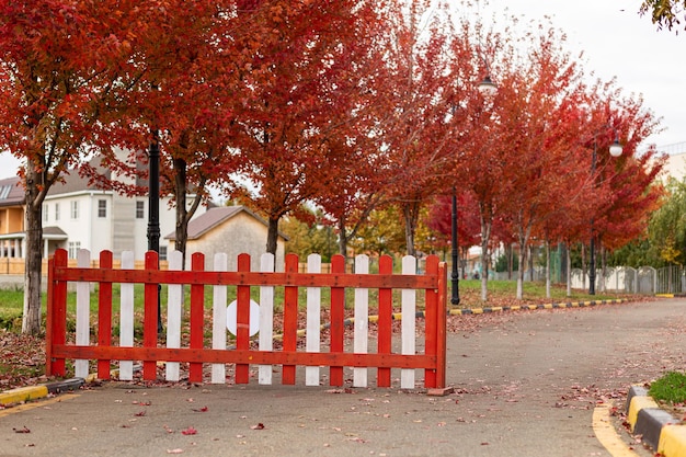 Photo clôture en bois sur la route dans le village d'automne