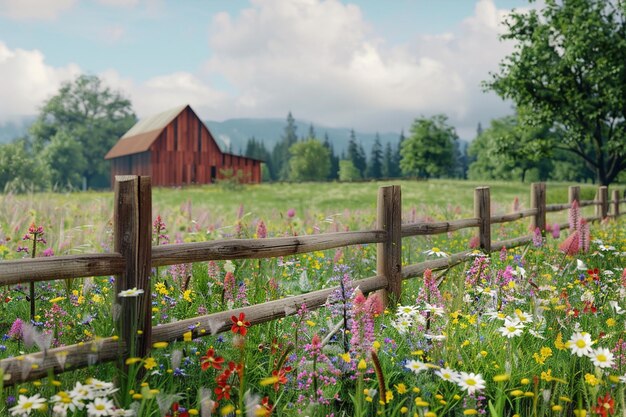 Photo une clôture en bois rustique entourant un champ de fleurs