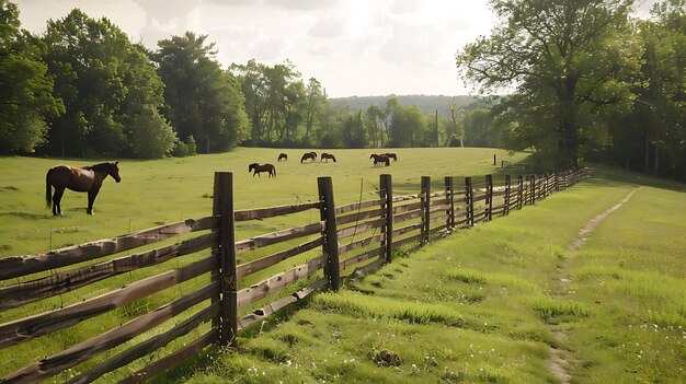Photo une clôture avec des chevaux qui paissent dans l'herbe derrière elle