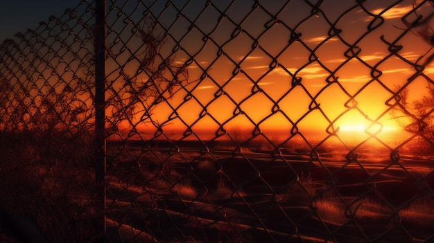 Une clôture avec un coucher de soleil derrière