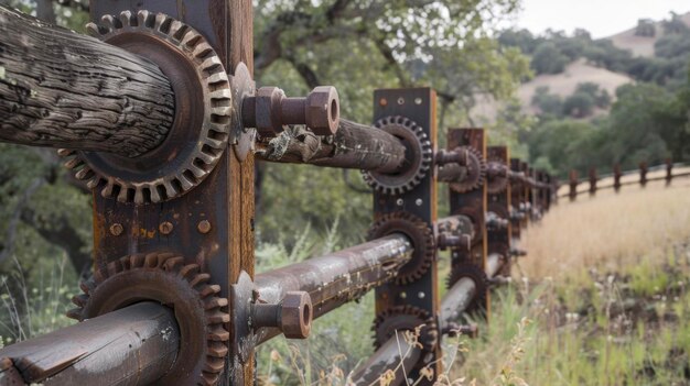 La clôture du ranch est composée de tuyaux et d'engrenages en acier soudés. Un contraste frappant avec les environs.