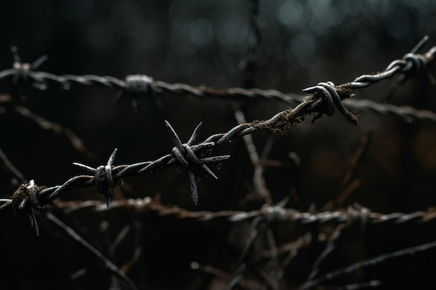 Une clôture en fil de fer barbelé avec un fond sombre et un fond sombre.