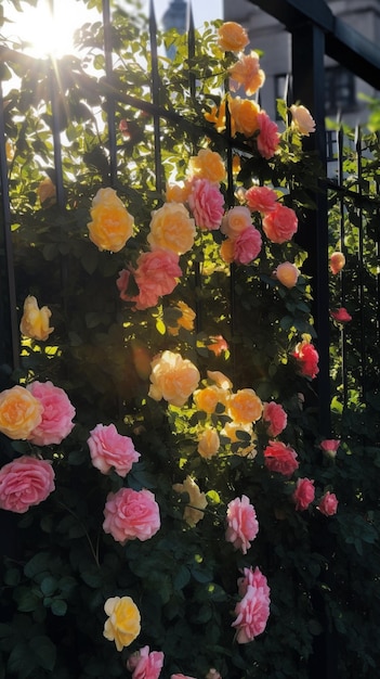 Une clôture de jardin avec des roses dessus