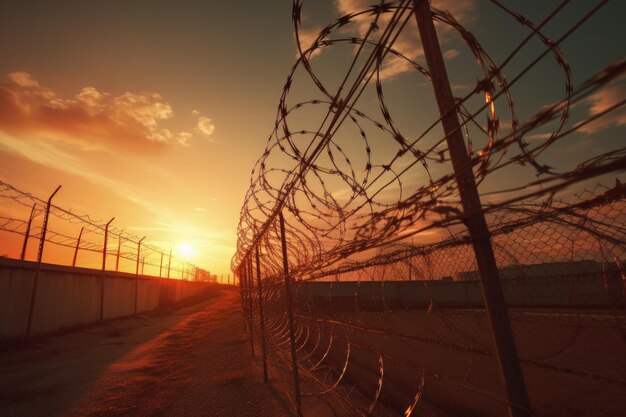 Photo la clôture de la prison au coucher du soleil avec du fil de fer barbelé