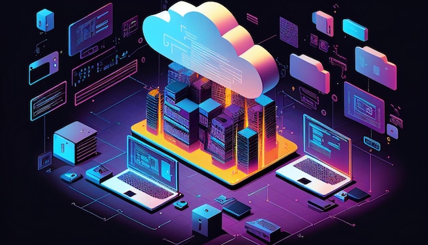 Cloud computing une représentation isométrique d'un centre de données moderne avec une tablette PC portable et un smartphone connecté à un réseau AI générative