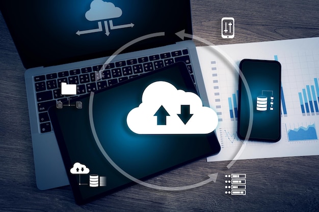 Photo cloud computing réseau d'affaires serveur technologie de stockage concept ordinateur portable avec réseau cloud ordinateur se connecte