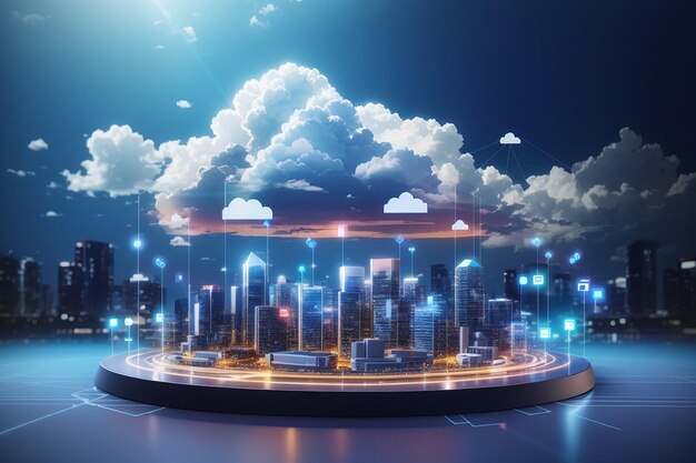 Cloud numérique sur la Smart City virtuelle sur le podium Technologie IOT