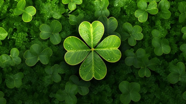 Clover à quatre feuilles arrafé entouré de feuilles vertes dans un champ génératif ai