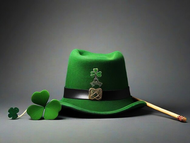 Photo cloverleaf avec chapeau et bâton arrière-plan avec le jour de saint patrick