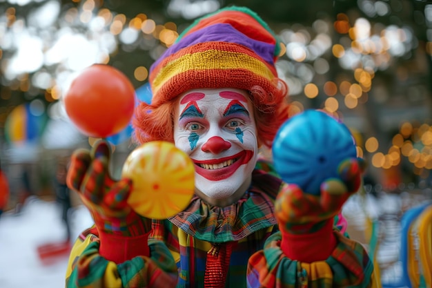 Clown adulte amical à l'extérieur par une journée d'hiver IA générative