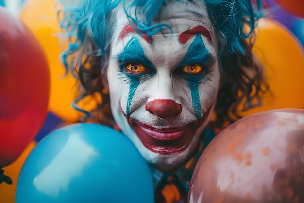 Un clown aux cheveux bleus et au maquillage de clown tenant des ballons et des ballons devant lui avec un clown