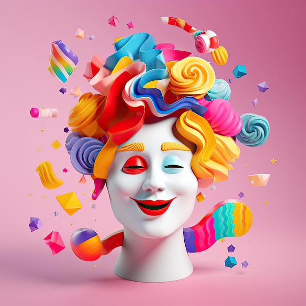 Clown aux cheveux colorés illustration de rendu 3D