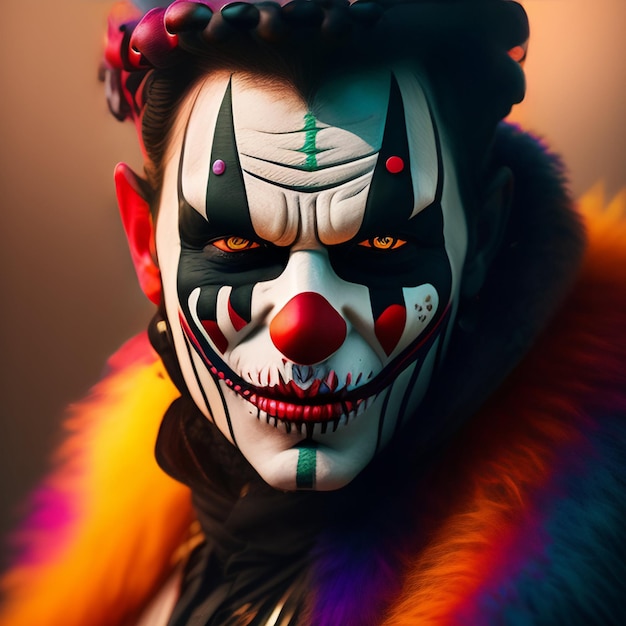 Un clown aux yeux rouges et au visage noir et blanc.