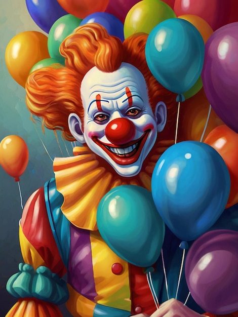 un clown avec des ballons et un visage souriant