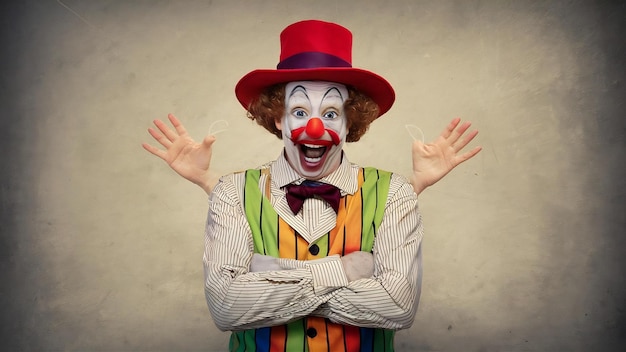 Un clown avec les bras croisés faisant des grimaces.