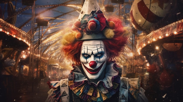 Photo un clown effrayant avec un nez sanglant et un sourire sinistre