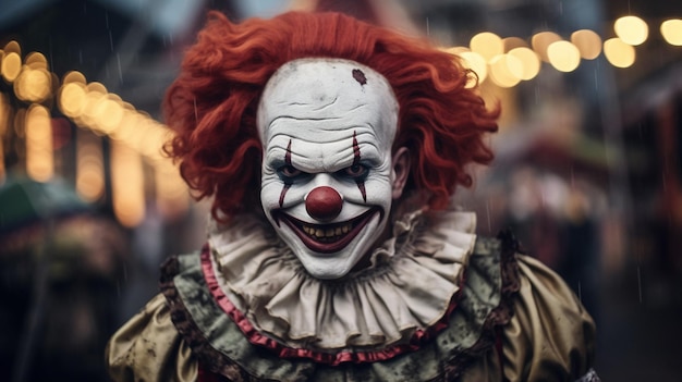 Un clown effrayant avec un nez sanglant et un sourire sinistre