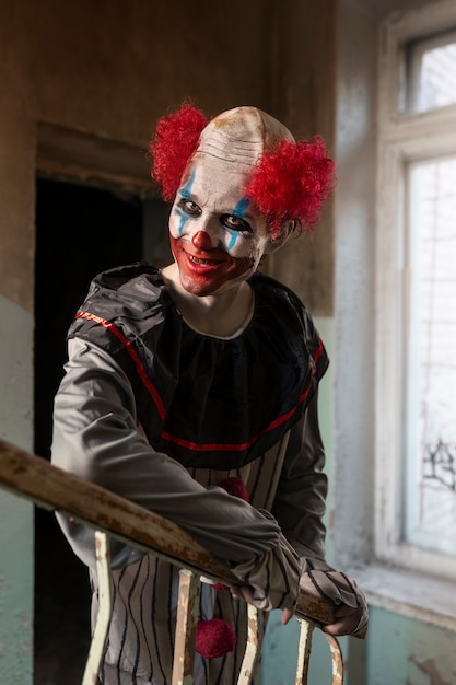 Clown effrayant vue de face dans un bâtiment abandonné