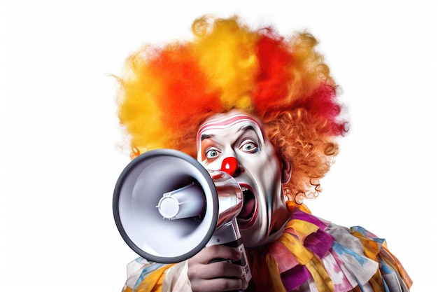 Clown heureux criant dans un haut-parleur faisant de larges pas isolés sur fond blanc Ai générative