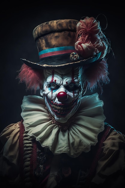 Un clown Horror Classic en costume vintage et maquillage de visage et sourire effrayant