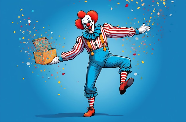 Un clown joyeux sur un fond bleu se tient sur une jambe avec des confettis dispersés autour des imbéciles d'avril