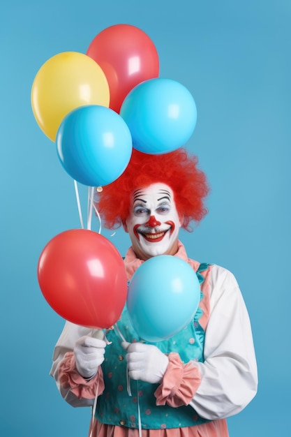 Un clown joyeux tenant des ballons colorés sur un fond bleu