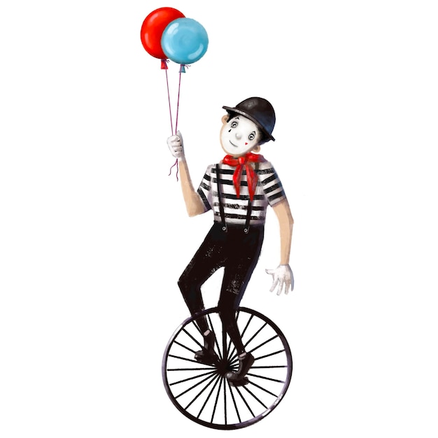 Clown mime avec des ballons sur une roue vélo illustration de style aquarelle clipart drôle avec personnage de dessin animé