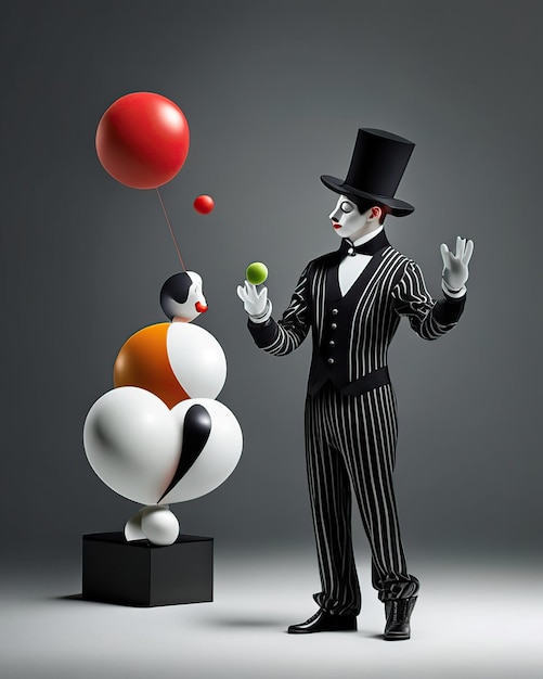 Clown mime avec des objets qui se transforment en formes et tailles