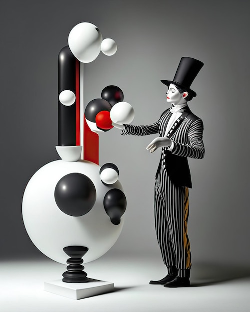 Clown mime avec des objets qui se transforment en formes et tailles