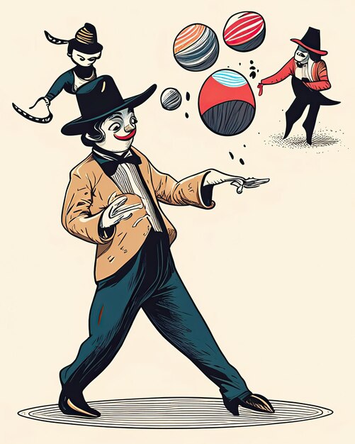 Photo clown mime avec des objets qui se transforment en formes et tailles