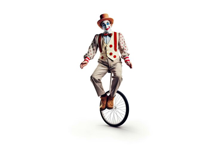 Clown sur un monocycle jonglant isolé sur fond blanc Ai générative