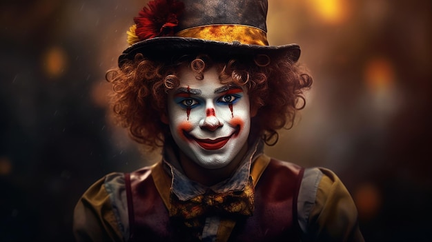 Un clown avec un nez rouge et un chapeau avec un nez rouge et un nœud papillon avec les mots "circus" dessus.