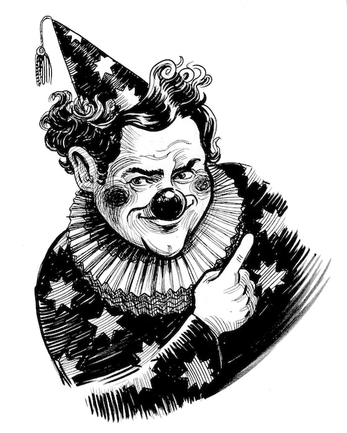 Clown pointant vers la droite et vers le haut Illustration en noir et blanc à l'encre dessinée à la main