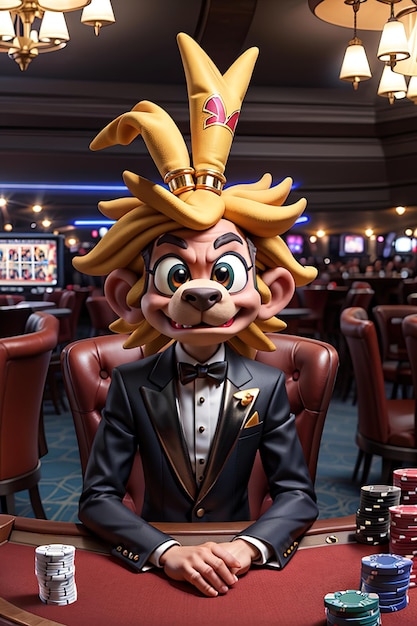 un clown portant un smoking et un chapeau de smoking est assis dans un casino.