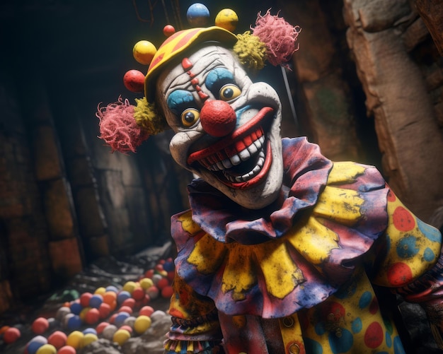 un clown se tient devant un tas de balles