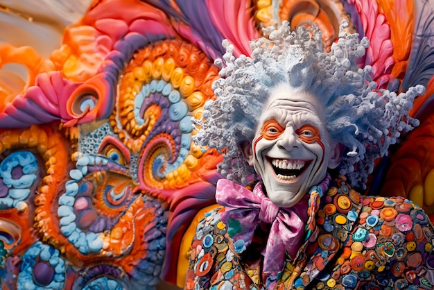 clown souriant avec des cheveux blancs sur un fond coloré