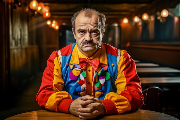 Un clown triste dans une veste multicolore assis à une table