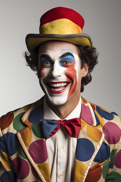 Un clown vêtu d'un costume brillant sourit à la caméra