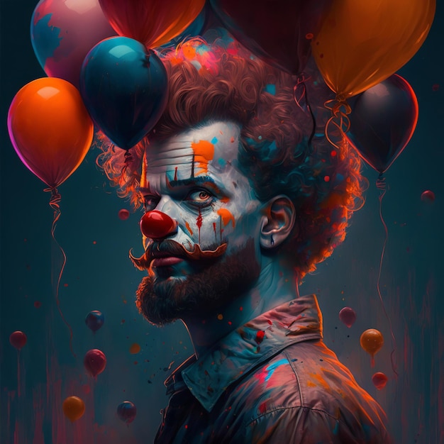 Un clown avec un visage peint et un tas de ballons dessus