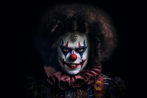 Un clown avec un visage rouge et un fond noir