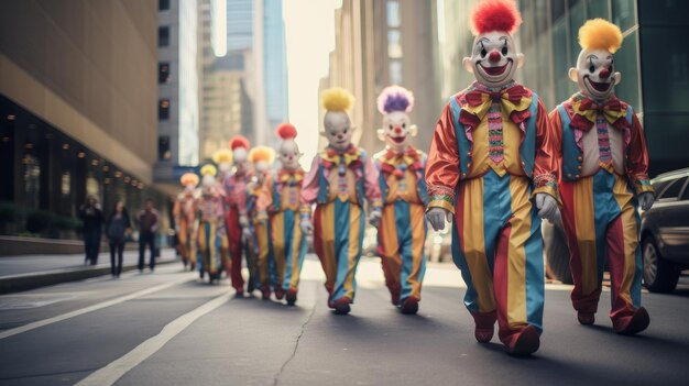 Des clowns marchent dans les rues d'une métropole géante.