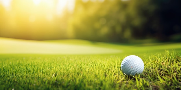 Club de golf et balle dans une large bannière panoramique d'herbe